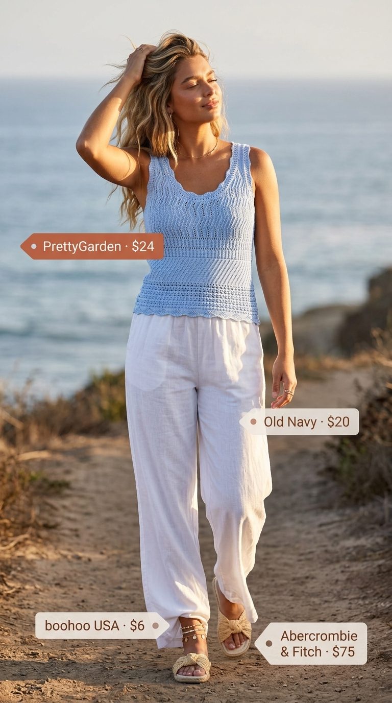Cute summer sleeveless tops 2026: Sky blue crochet tank with white linen pants for a seaside escape.