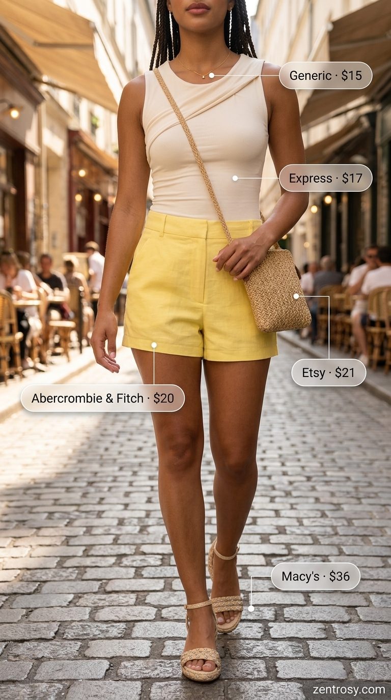 Cute summer sleeveless tops 2026: Cream knit tank with lemon yellow linen shorts for weekend brunch.