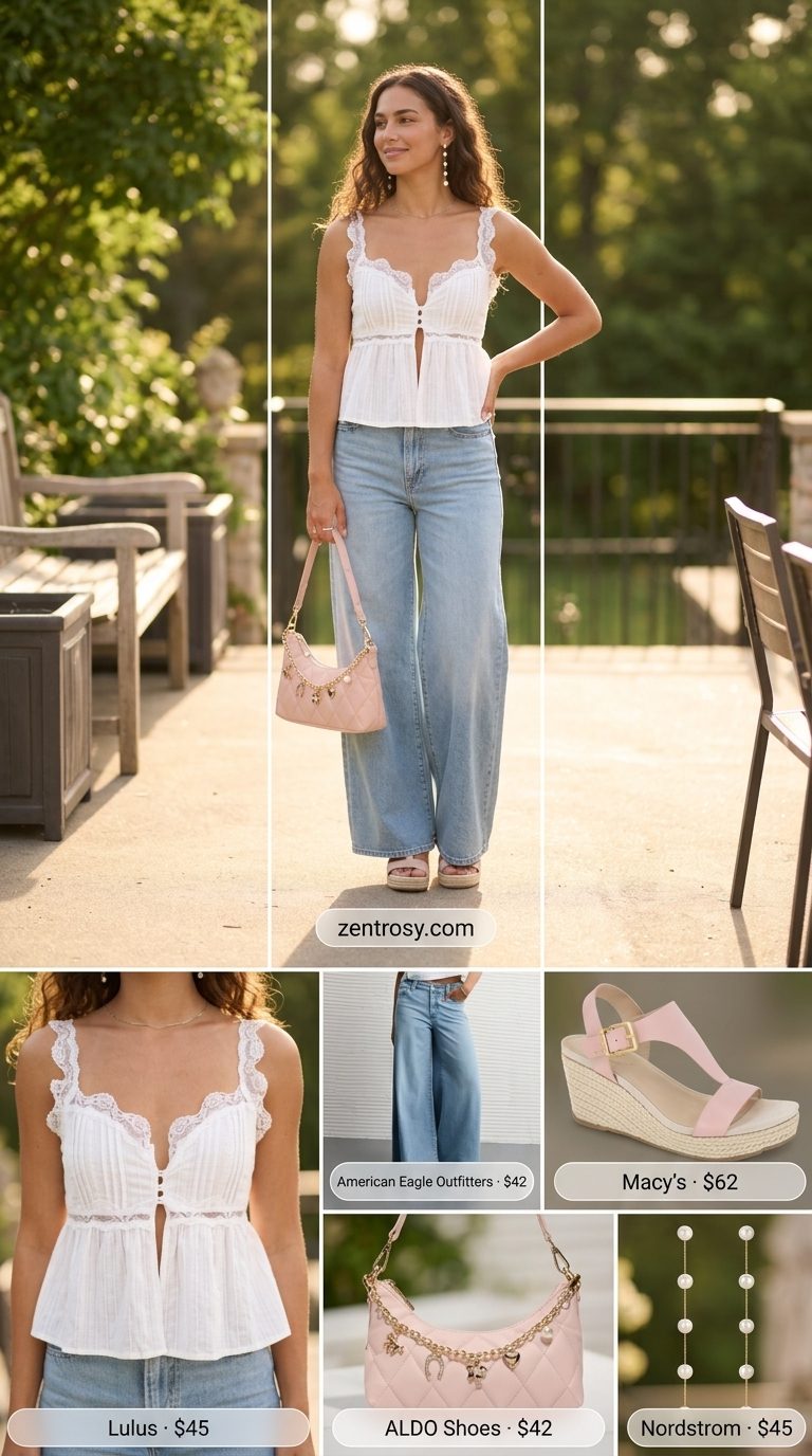 Cute summer sleeveless tops 2026: White eyelet lace tank with light wash denim jeans for a romantic dinner.
