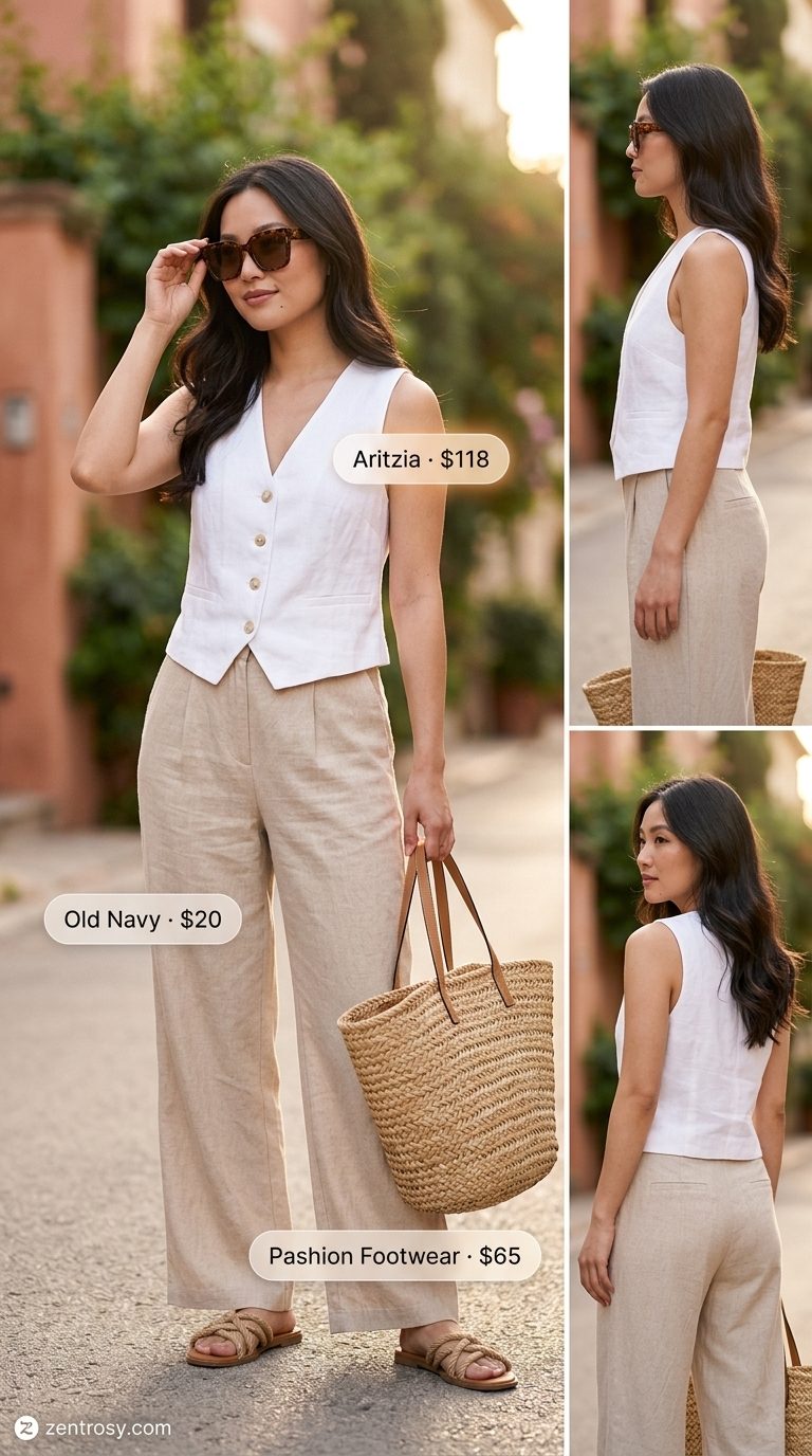 Cute summer sleeveless tops 2026: White linen vest with sky blue flowy pants for coastal chic.