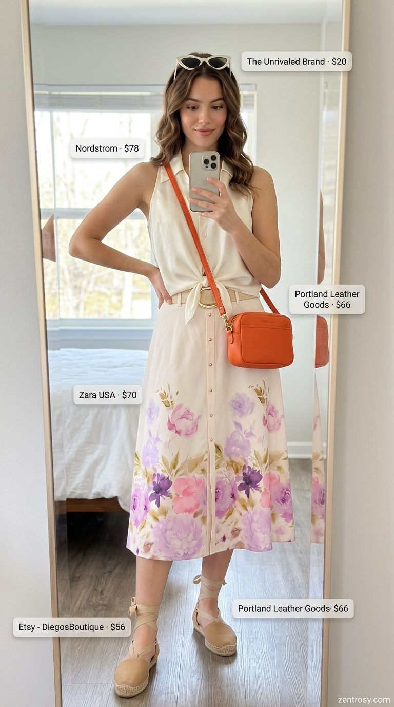 Cute summer sleeveless tops 2026: White tie-front button-down shirt with floral midi skirt for cafe dates.