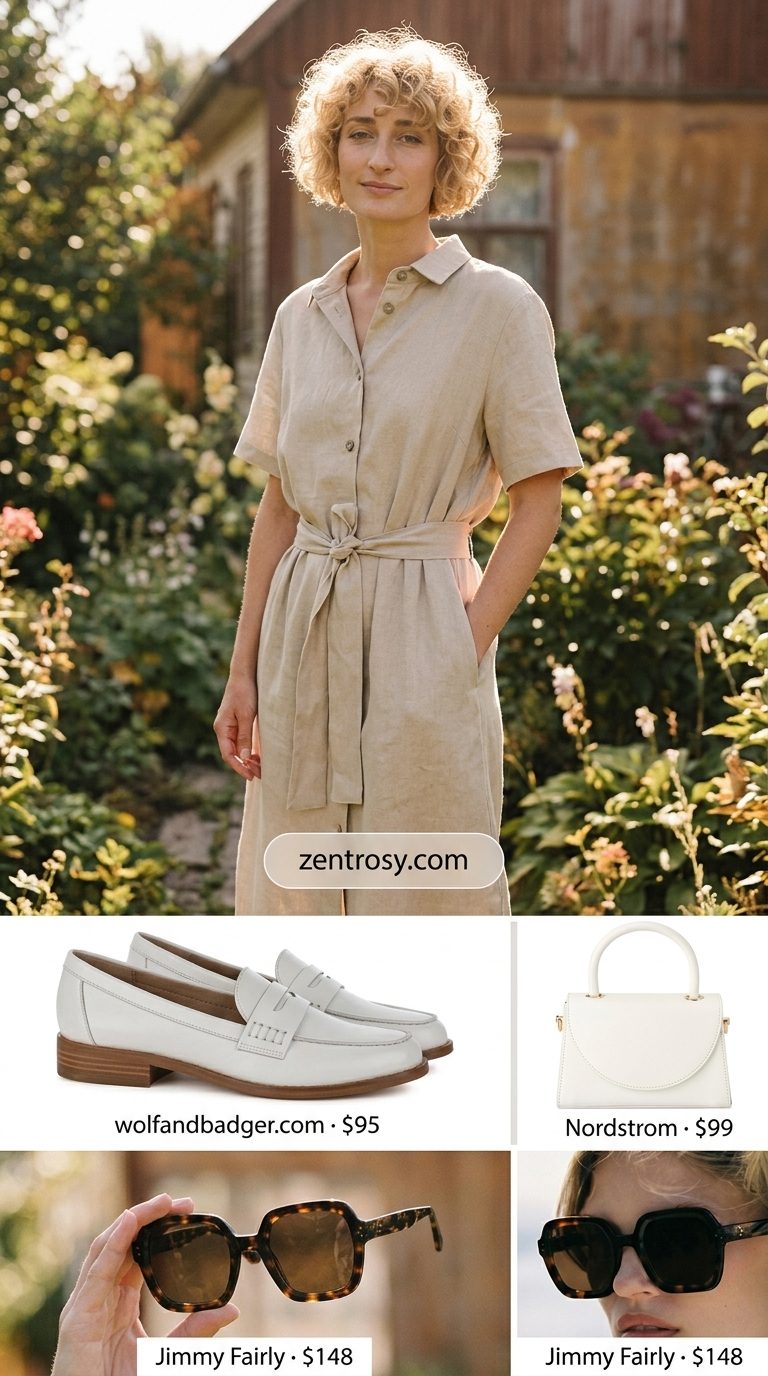 Cute Summer Sundresses 2026: Linen Shirt Dress Look Effortless beige linen shirt dress with white loafers and structured bag for cute summer sundresses 2026.