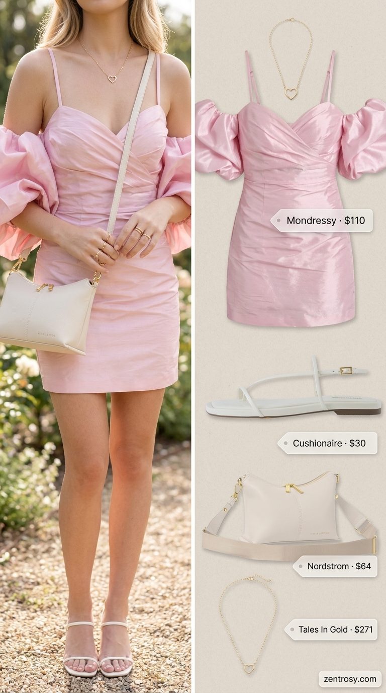 Cute Summer Sundresses 2026: Sweetheart Neckline Dress Sweet blush pink sundress with sweetheart neckline and white sandals for cute summer sundresses 2026.