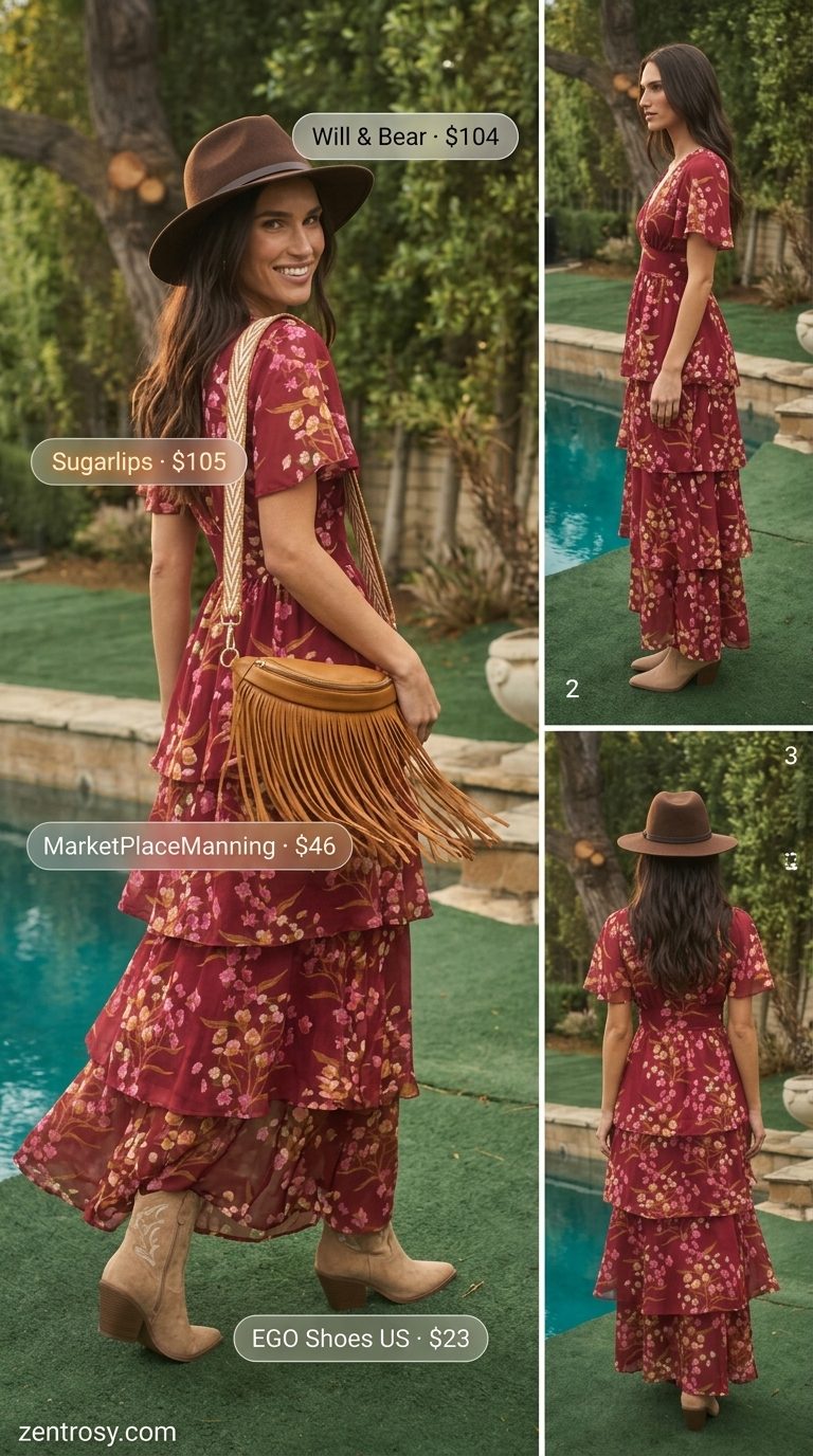 Cute Summer Sundresses 2026: Bohemian Maxi Dress Cute summer sundresses 2026: Burgundy floral maxi dress, felt hat, suede ankle boots for a bohemian festival look.