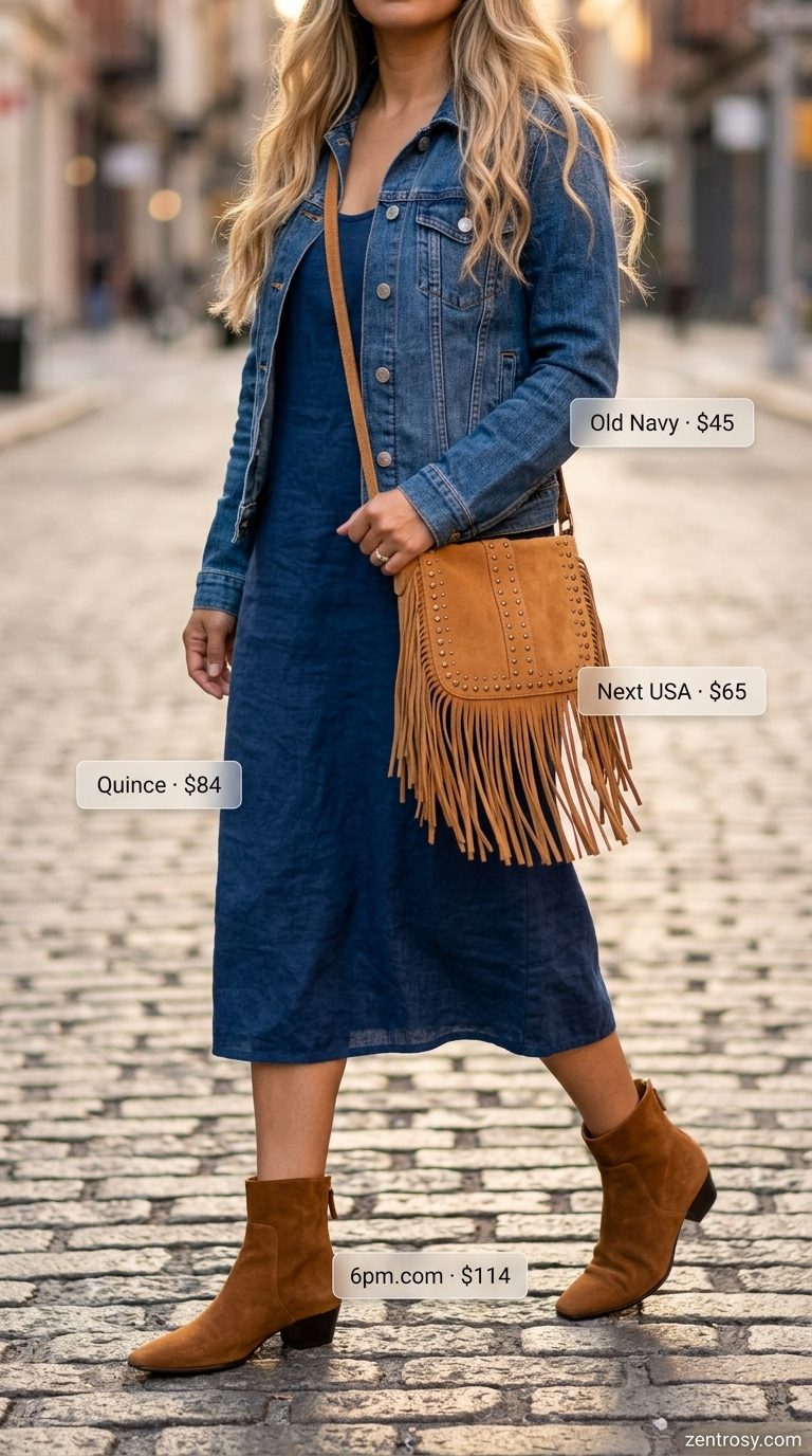 Boho Maxi Skirt Outfit 2026 Bohemian paisley maxi skirt with denim jacket, ankle boots, and crossbody bag. Cute summer sundresses 2026 style.
