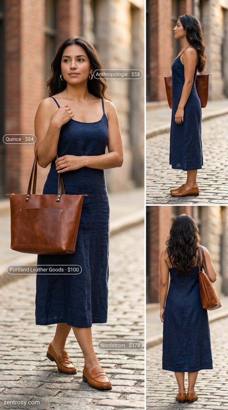 Chic Jumpsuit Outfit 2026 Chic navy blue jumpsuit with tan loafers, structured tote, and gold hoop earrings. Cute summer sundresses 2026.