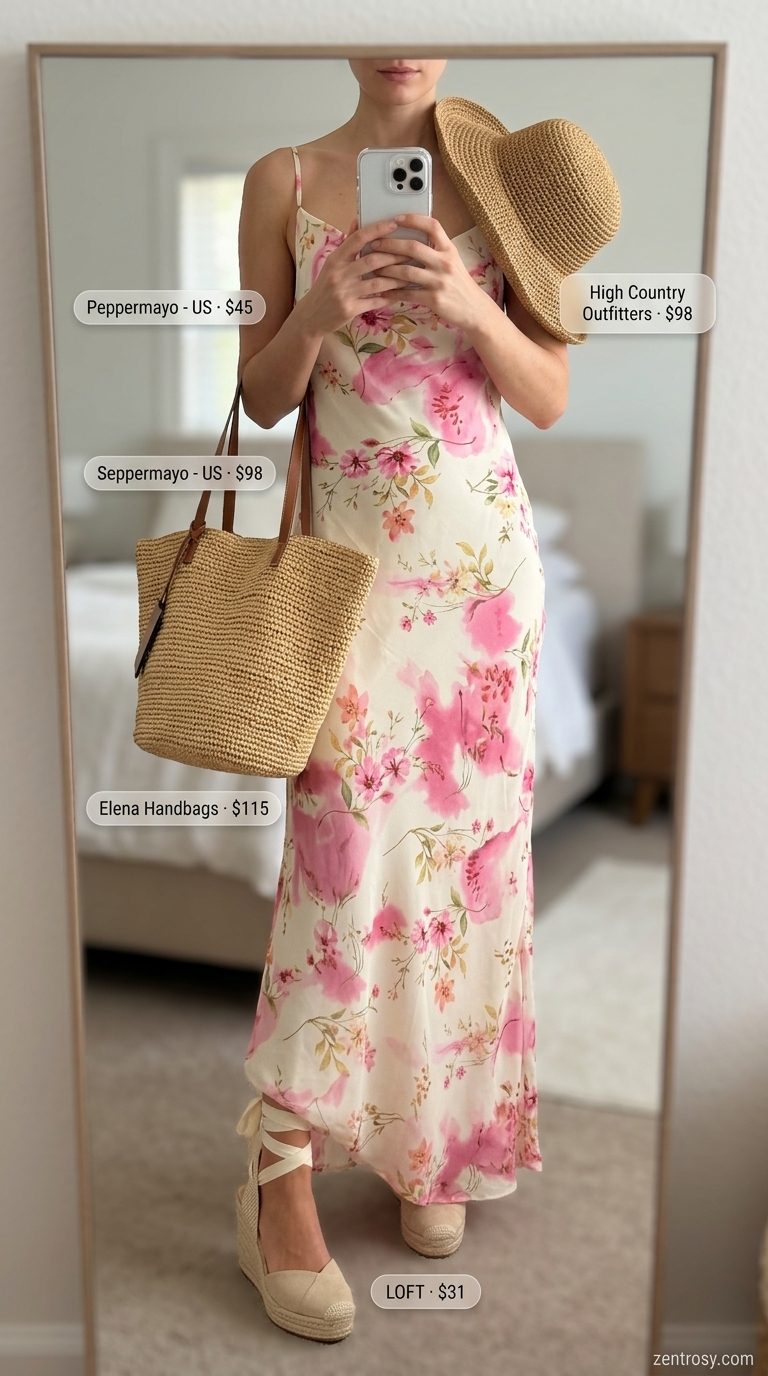 Cute Summer Sundresses 2026: Coastal Maxi Dress Cute summer sundresses 2026: Pastel floral maxi dress, straw hat, espadrille wedges for beach vacation or summer brunch.
