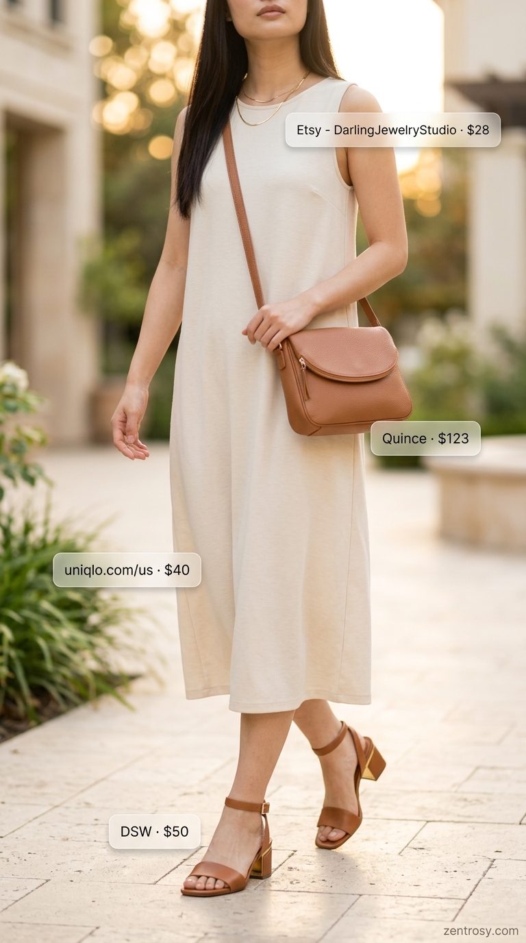 Cute Summer Sundresses 2026: Modern Jumpsuit Style Chic cream jumpsuit with gold necklace and tan crossbody bag for cute summer sundresses 2026.