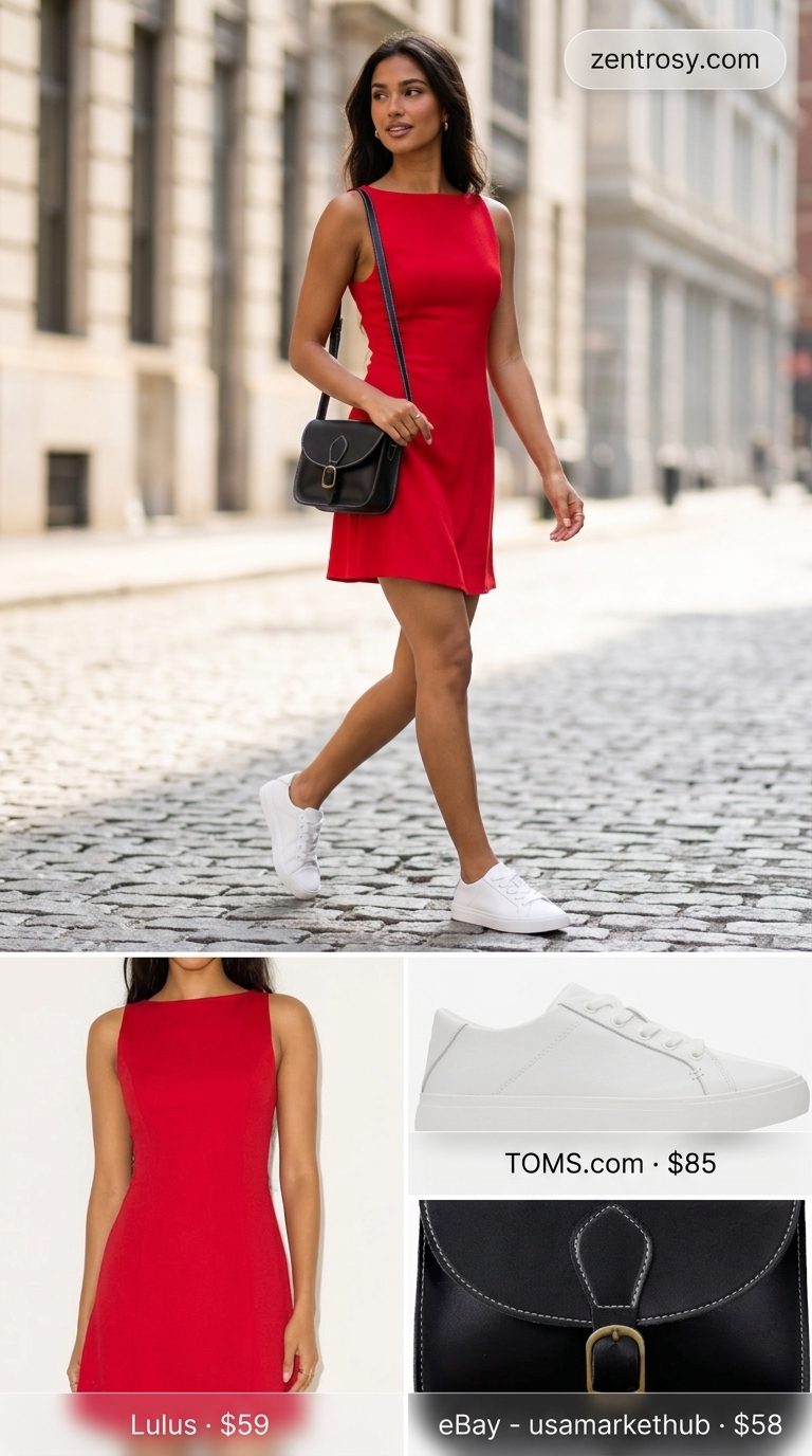 Cute Summer Sundresses 2026: Denim Dress Outfit Classic denim dress with white sneakers and black crossbody bag for cute summer sundresses 2026.