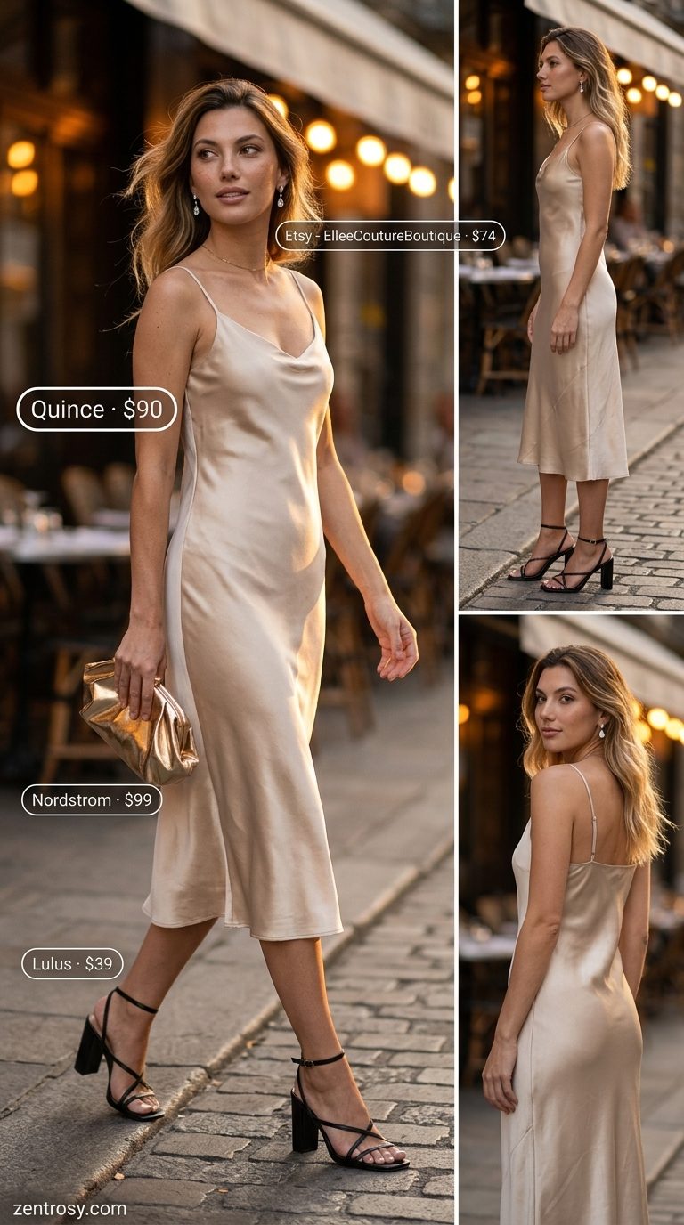 Elegant Slip Dress Outfit 2026 Elegant champagne satin slip dress with metallic clutch, statement earrings, and strappy heels. Cute summer sundresses 2026.