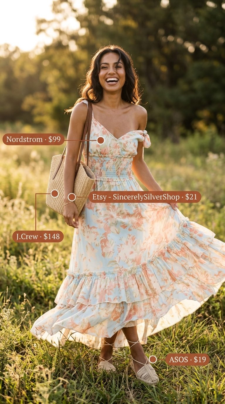 Floral Maxi Dress Outfit 2026 Romantic floral maxi sundress with espadrilles, straw tote, and gold bracelet. Cute summer sundresses 2026.