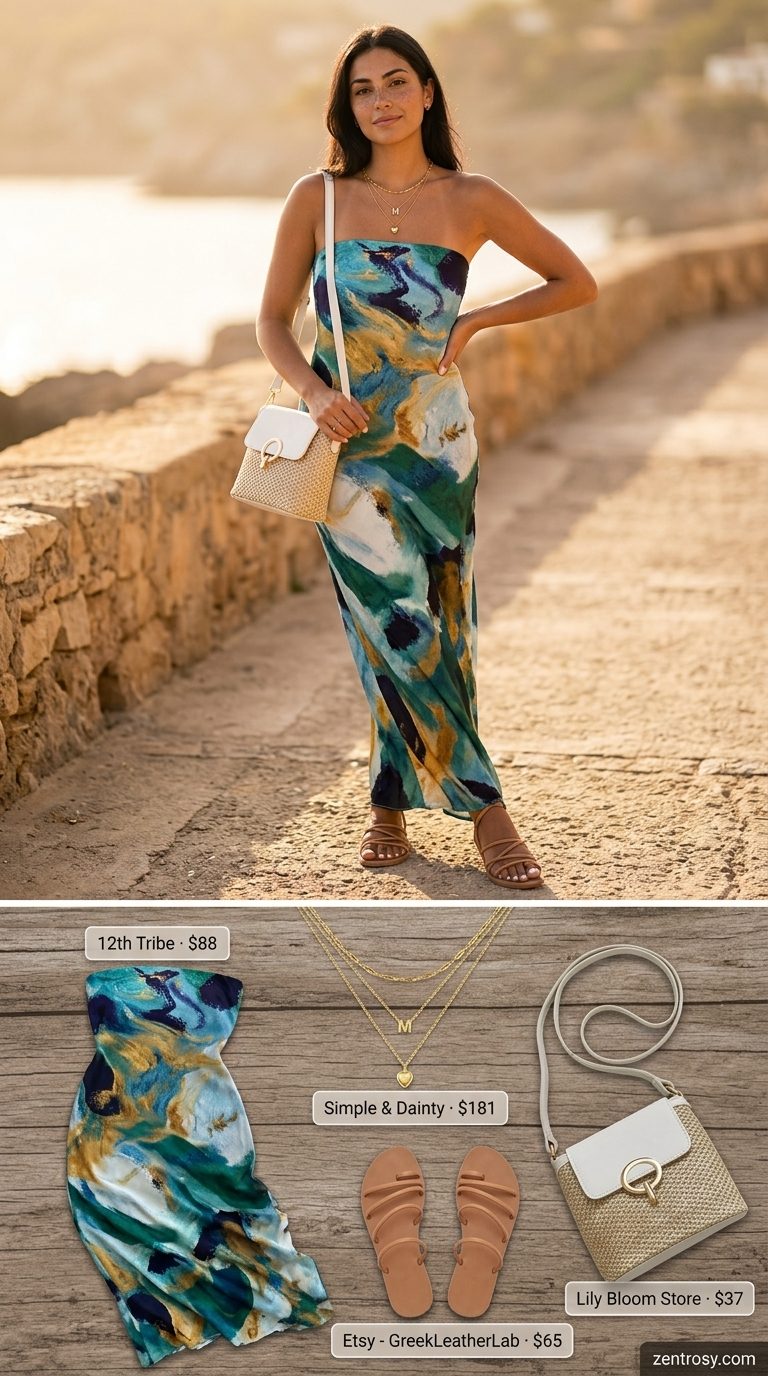 Cute Summer Sundresses 2026: Floral Maxi Skirt Bohemian floral maxi skirt with layered gold necklaces and straw bag for cute summer sundresses 2026.