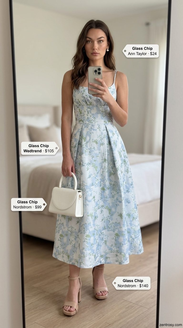 Cute Summer Sundresses 2026: Garden Party Dress Cute summer sundresses 2026: Light blue floral midi dress, nude block heels, top-handle bag for a garden party.