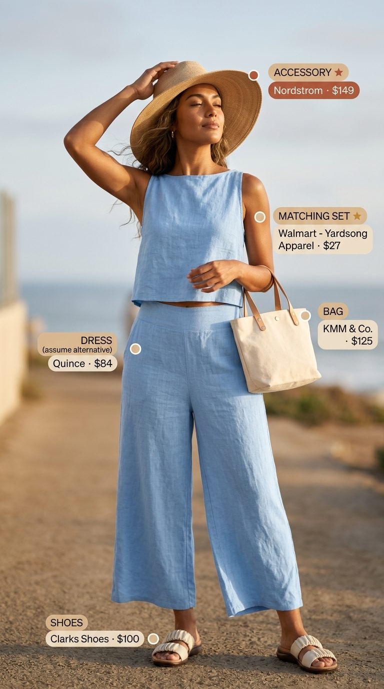Linen Set Outfit 2026 Relaxed sky blue linen set with leather slides, straw hat, and canvas tote. Cute summer sundresses 2026.