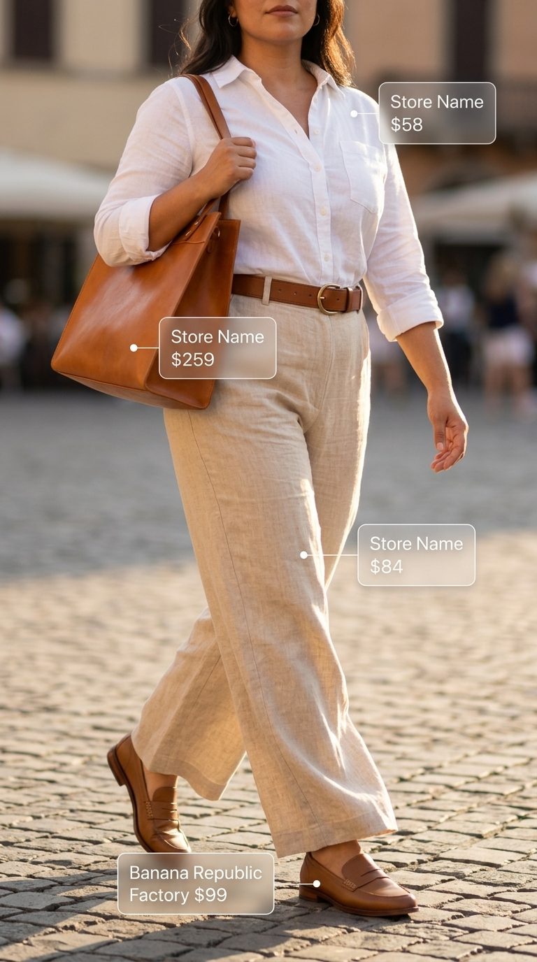 Linen Trousers Outfit 2026 Polished beige linen trousers with white blouse, tan loafers, and structured tote. Cute summer sundresses 2026.