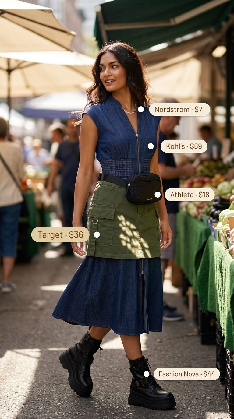 Cute Summer Sundresses 2026: Cargo Set Style Edgy olive green cargo skirt and crop top set with combat boots for cute summer sundresses 2026.