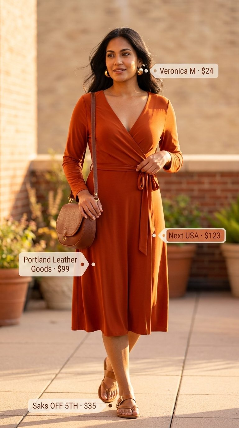 Cute Summer Sundresses 2026: Citrus Wrap Dress Vibrant citrus orange wrap dress with tan sandals and gold earrings for cute summer sundresses 2026.