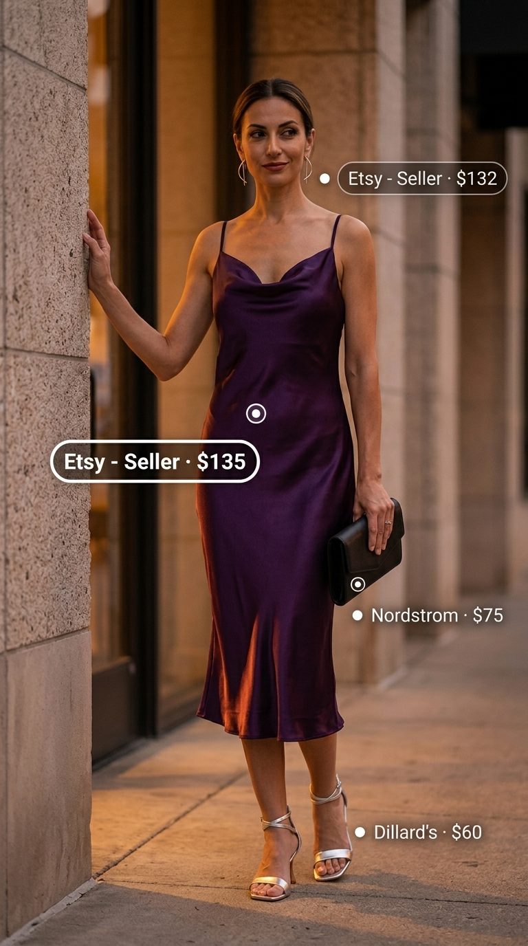 Plum Slip Dress Outfit 2026 Sophisticated plum slip dress with silver heels, clutch, and drop earrings. Cute summer sundresses 2026.