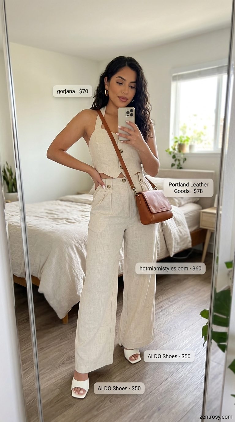 Cute Summer Sundresses 2026: Linen Set Style Chic sand beige linen set with mules and gold earrings for cute summer sundresses 2026.