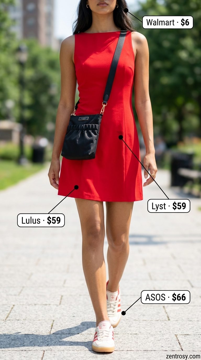 Sporty Athleisure Dress 2026 Sporty black dress with baseball cap, retro sneakers, and crossbody phone bag. Cute summer sundresses 2026.