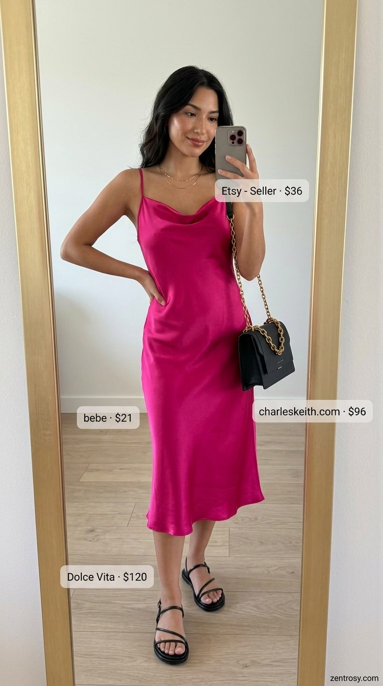 Cute Summer Sundresses 2026: Sunset Slip Dress Outfit Cute summer sundresses 2026: Sunset orange slip dress, gold necklaces, black sandals for a casual evening or dinner date.