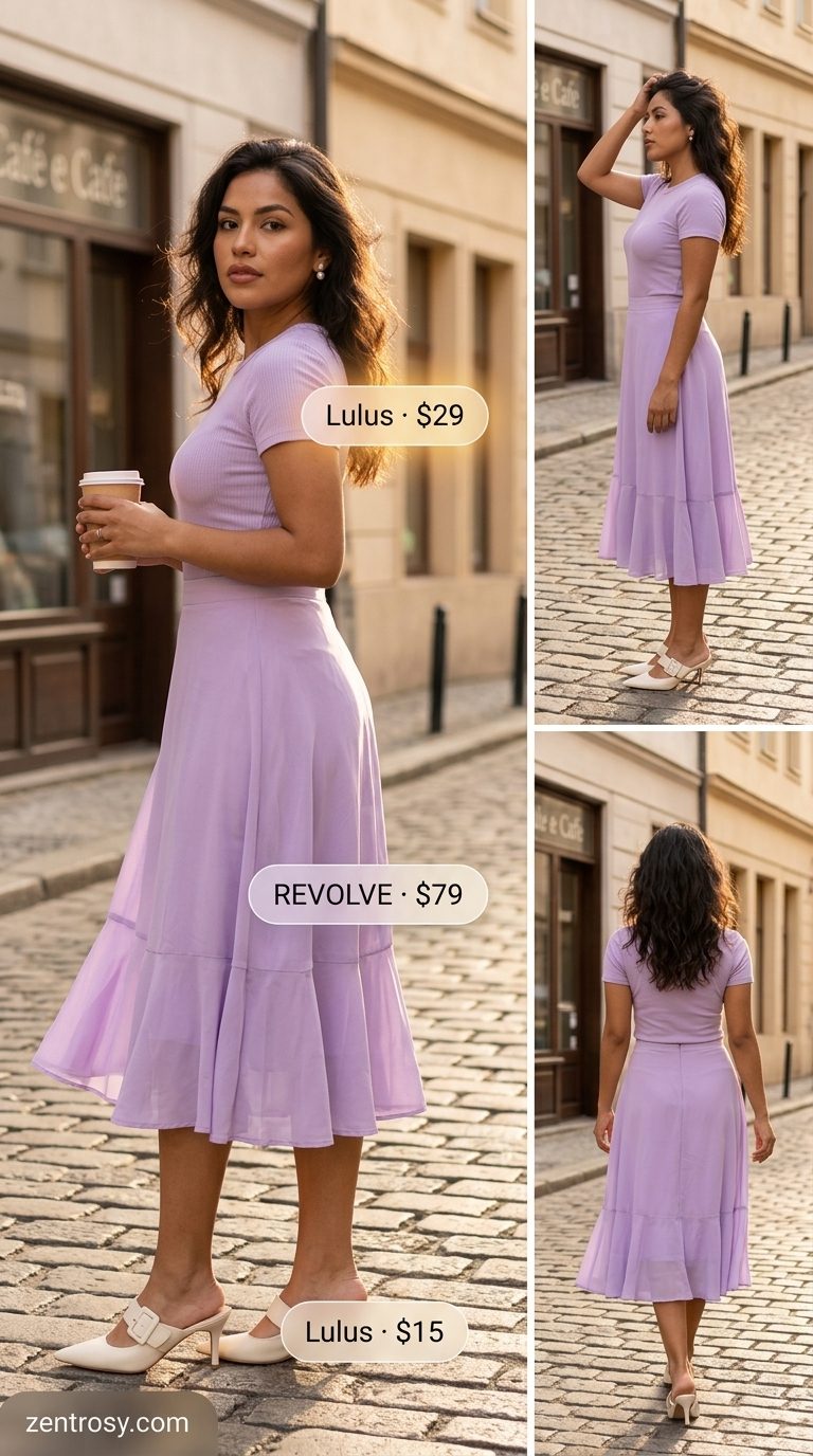 Cute summer t-shirt outfit for women 2026: Lavender midi skirt, cream tee, kitten heels for brunch.