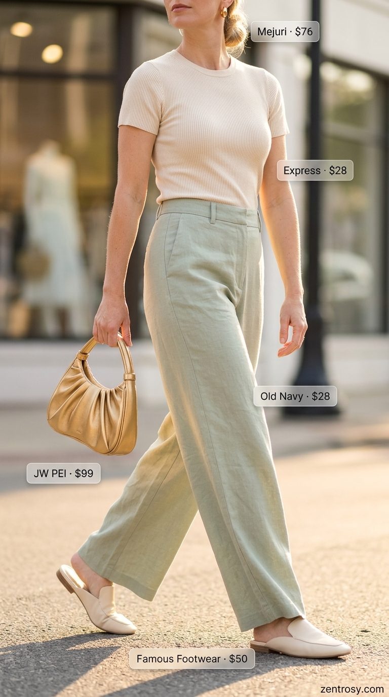Cute summer t-shirt outfit for women 2026: Sage green linen pants, cream tee, and block heels for brunch.