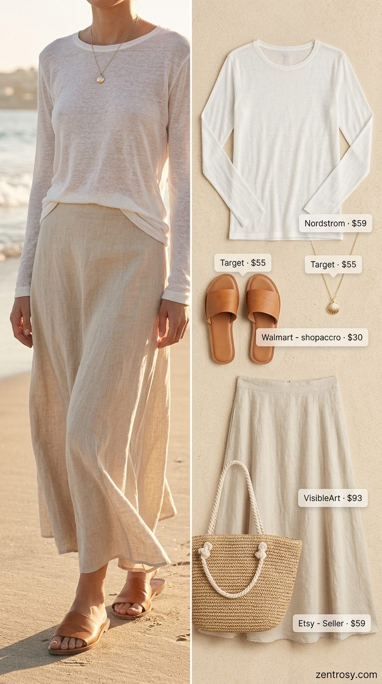 Cute summer t-shirt outfit for women 2026: Aqua linen skirt, sheer tee, and straw hat for coastal style.