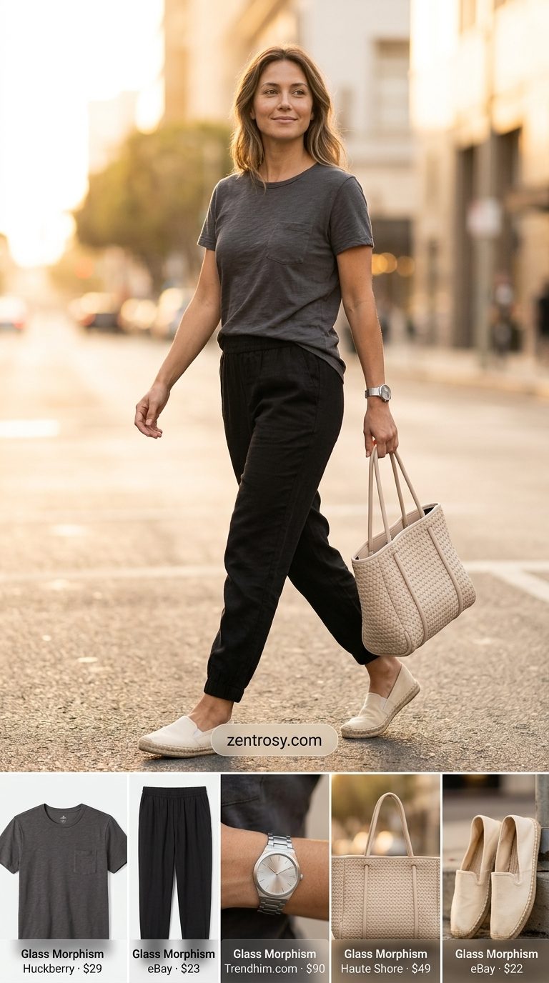 Cute summer t-shirt outfit for women 2026: Charcoal tee, linen joggers, and espadrilles for errands.