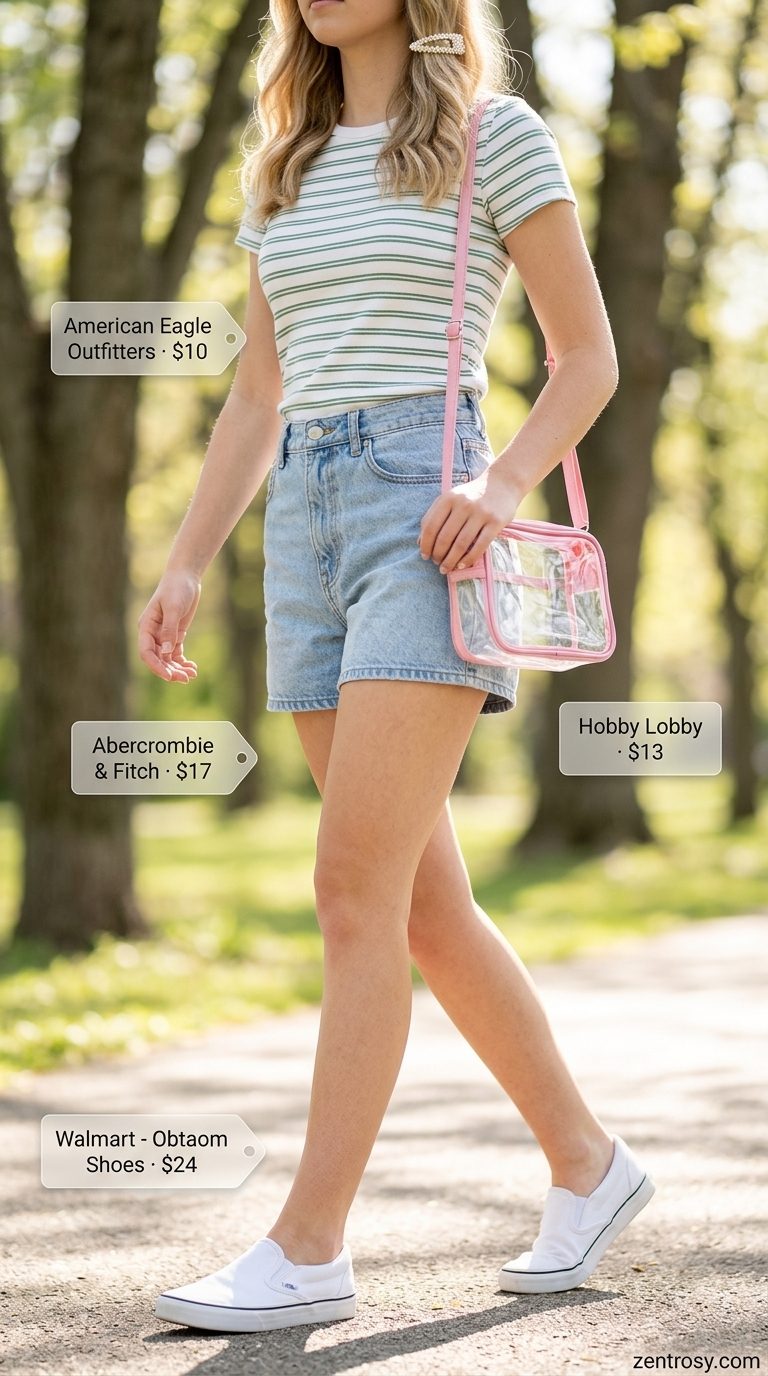 Cute summer t-shirt outfit for women 2026: Green stripe tee, white denim shorts, pastel pink bag, and pearl clips for a getaway.