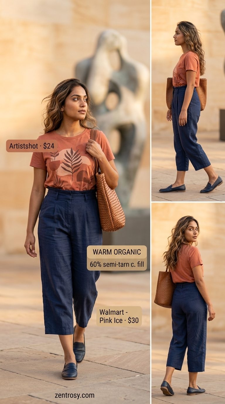 Cute summer t-shirt outfit for women 2026: Terracotta culottes, abstract tee, and loafers for a museum day.