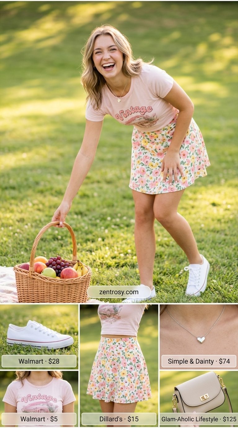Cute summer t-shirt outfit for women 2026: Floral mini skirt, 'Baby Girl' tee, and pink bag for a picnic.