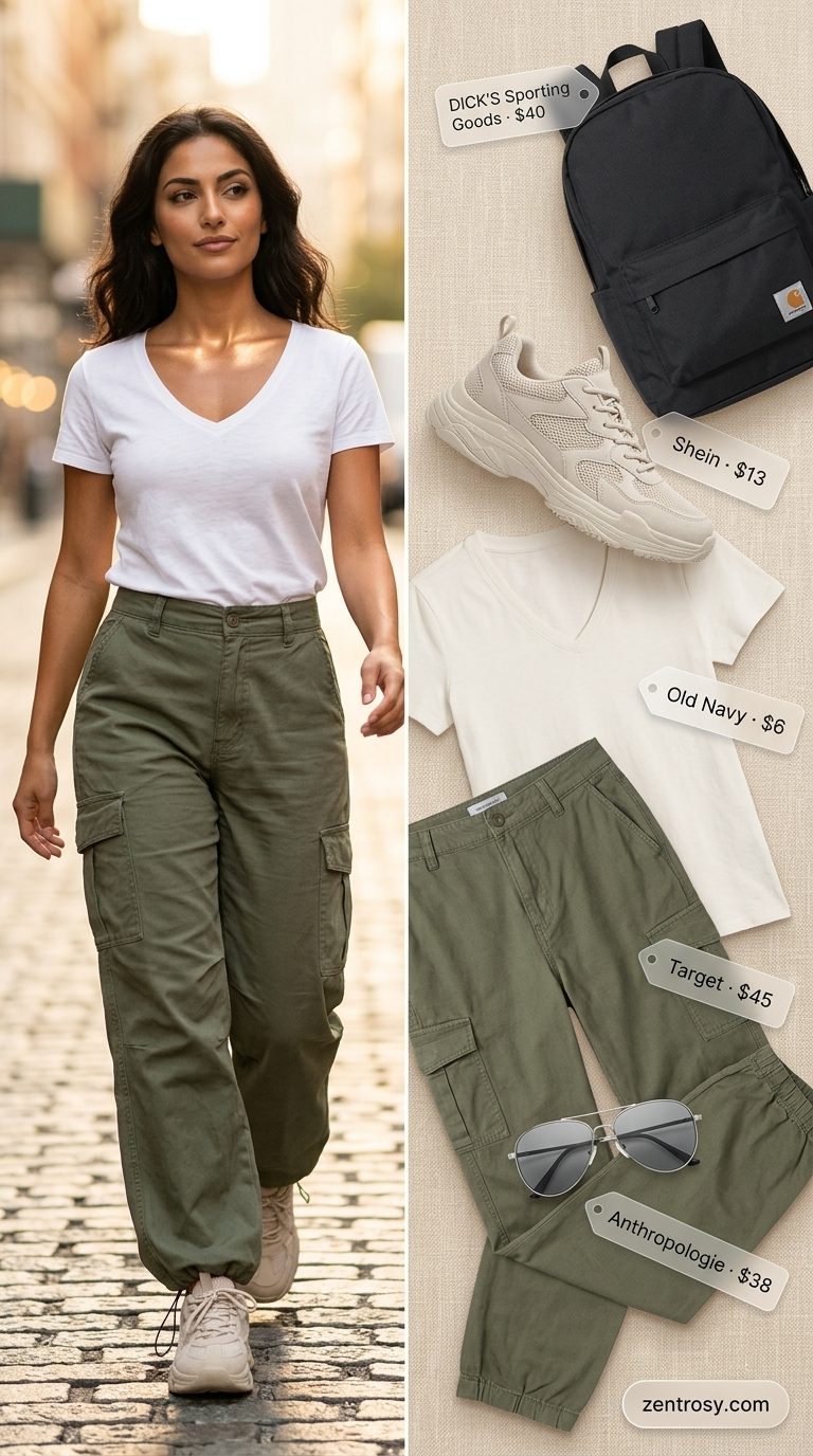 Cute summer t-shirt outfit for women 2026: White V-neck tee with khaki cargo pants for adventure.