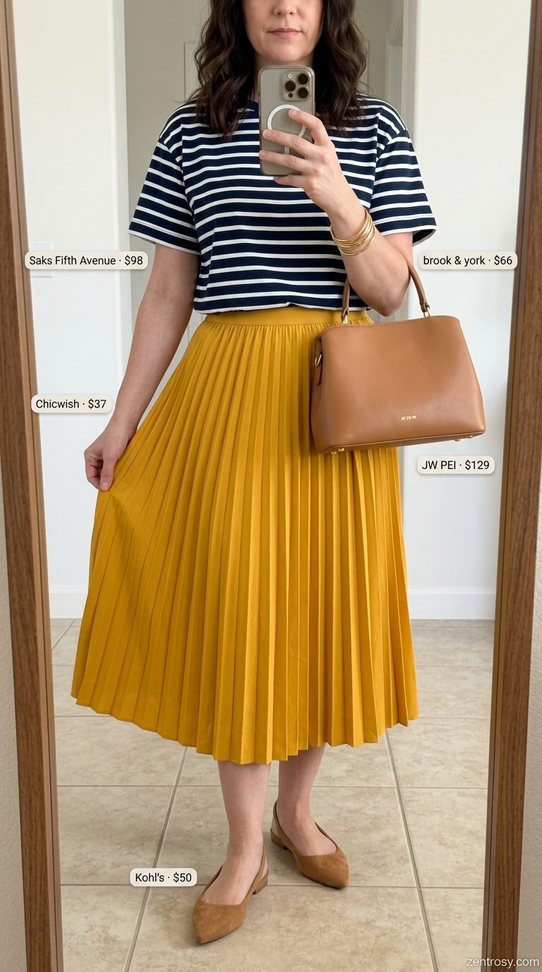Cute summer t-shirt outfit for women 2026: Navy stripe tee with mustard yellow pleated midi skirt for a cafe visit.