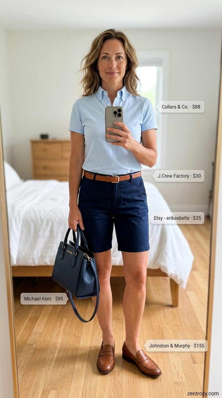 Cute summer t-shirt outfit for women 2026: Baby blue polo tee with Bermuda shorts for country club chic.