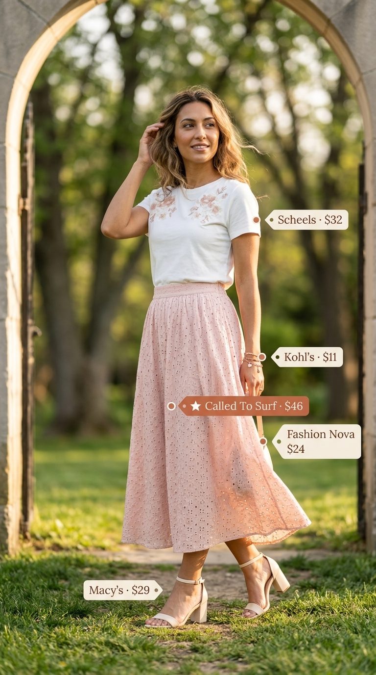 Cute summer t-shirt outfit for women 2026: Pink embroidered tee with white eyelet midi skirt for a garden party.