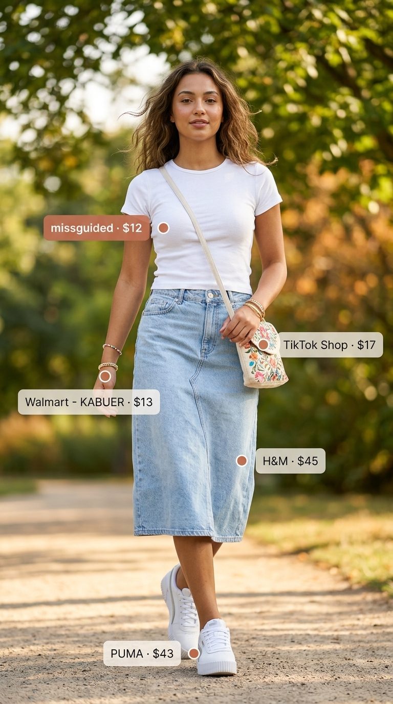 Cute summer t-shirt outfit for women 2026: Pastel blue graphic tee with denim mini skirt for a park picnic.