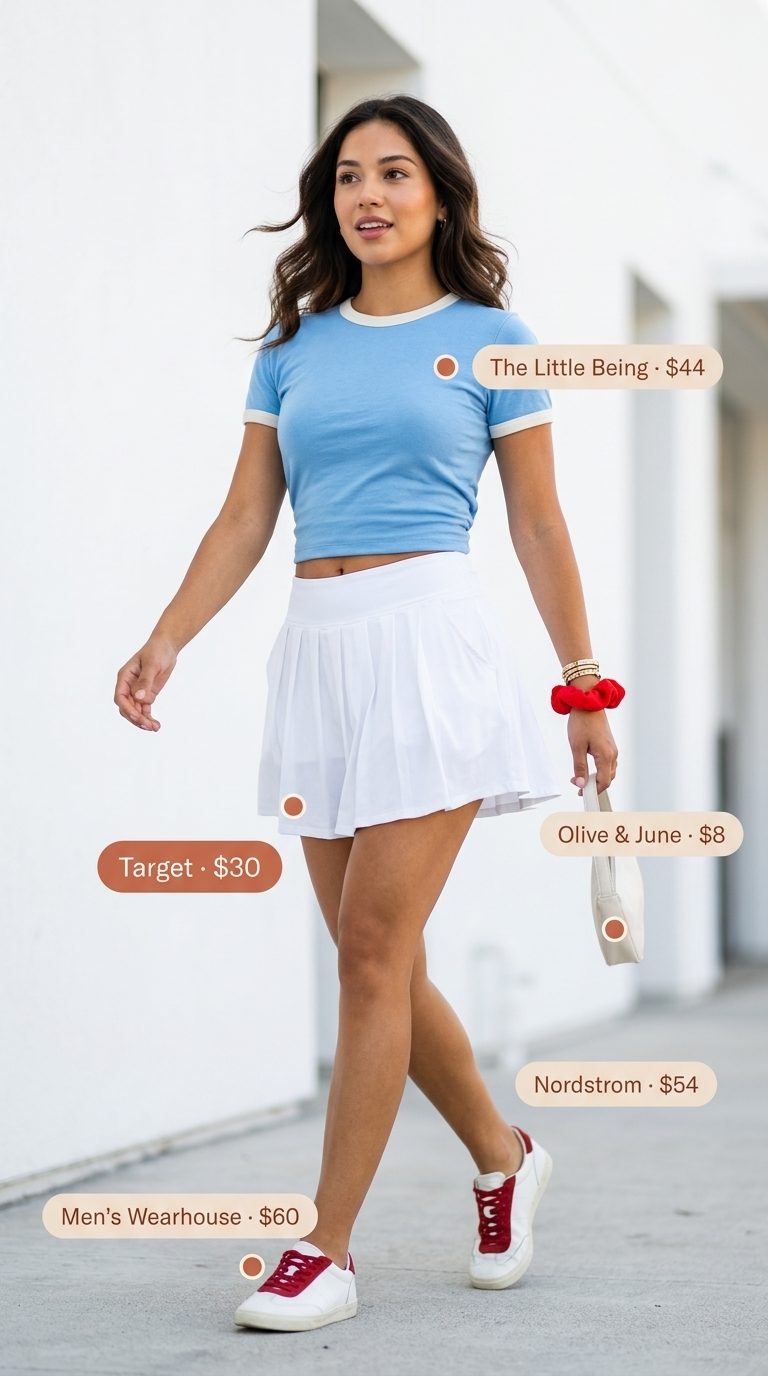 Cute summer t-shirt outfit for women 2026: White ringer tee with sky blue tennis skirt for a retro sporty look.