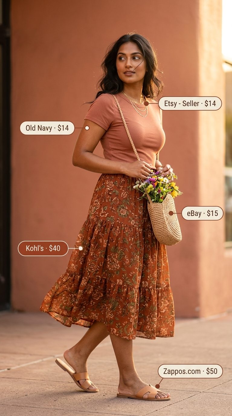 Boho brunch cute summer t-shirt outfit for women 2026: white tee, floral maxi skirt, straw bag.