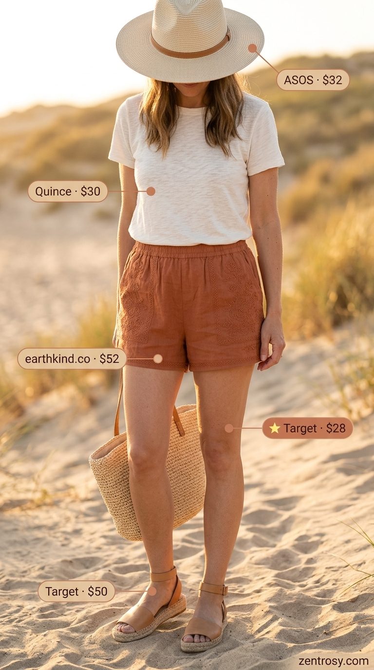 Boho festival cute summer t-shirt outfit for women 2026: ecru tee, terracotta shorts, straw hat.
