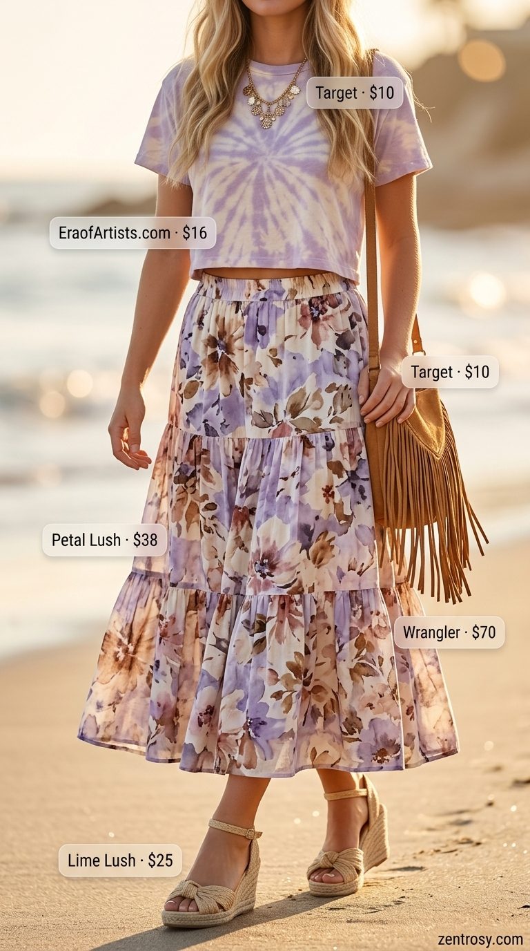 Boho sunset cute summer t-shirt outfit for women 2026: tie-dye tee, floral maxi skirt, espadrilles.