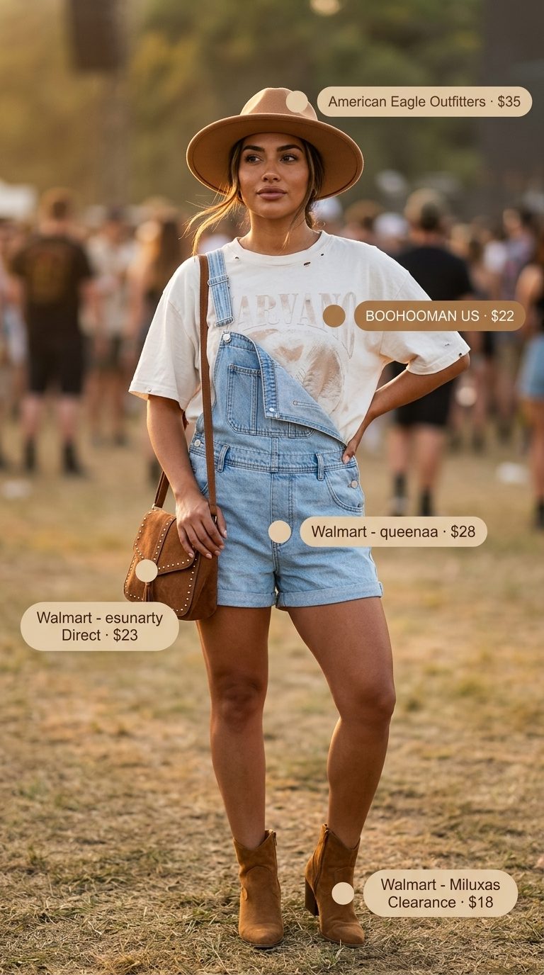 Cool girl festival cute summer t-shirt outfit for women 2026: graphic tee, denim overalls, felt hat.