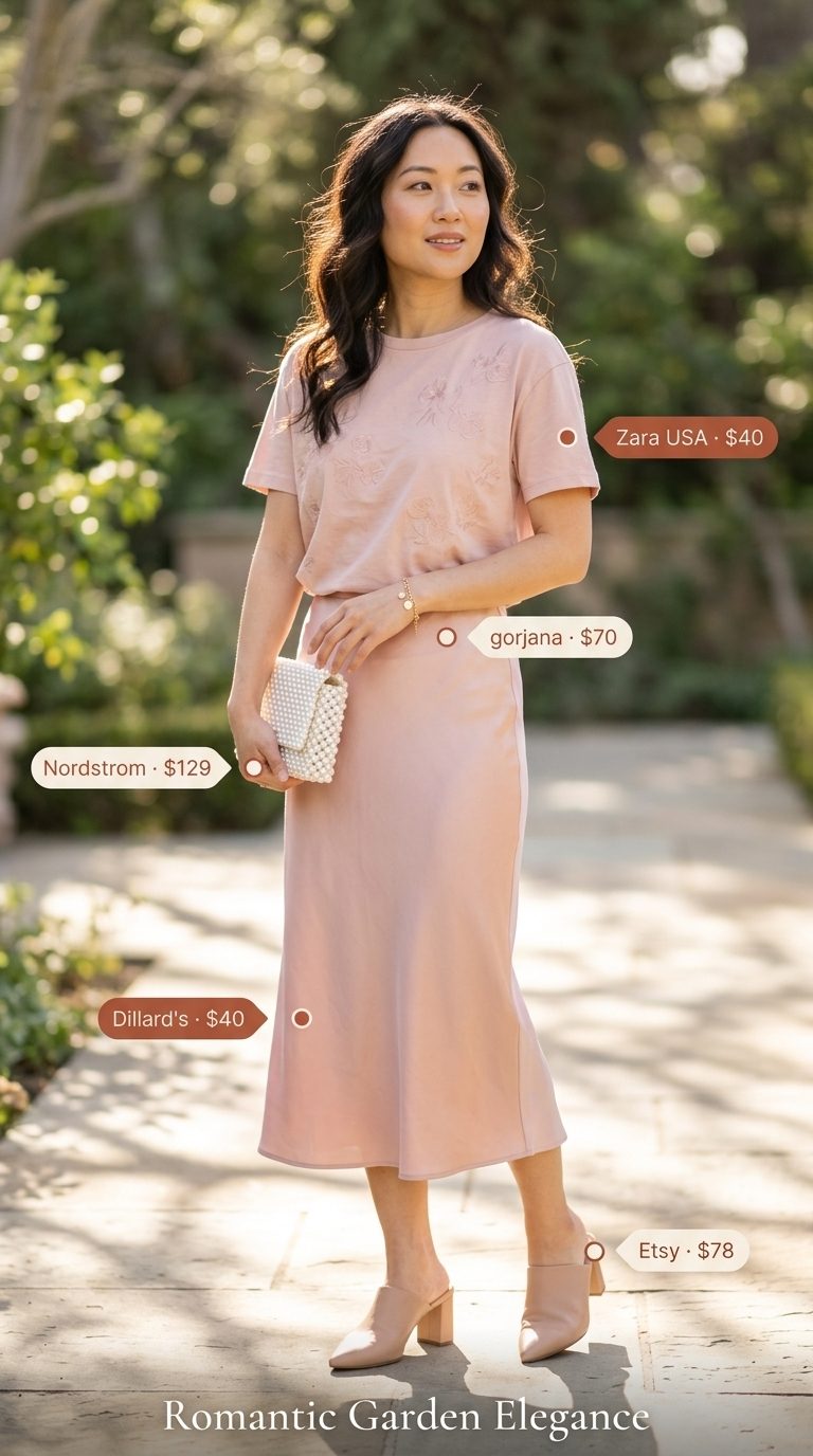 Feminine garden party cute summer t-shirt outfit for women 2026: white tee, blush satin skirt, pearls.