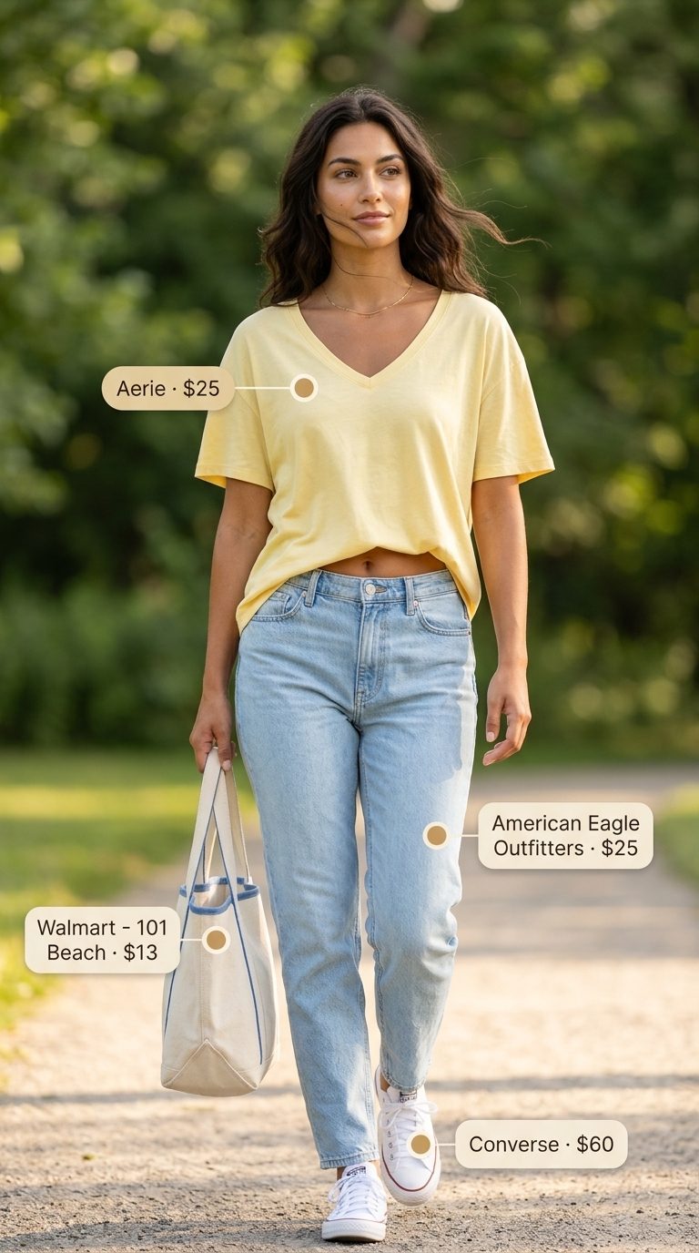 Relaxed lake house cute summer t-shirt outfit for women 2026: yellow tee, mom jeans, tote bag.