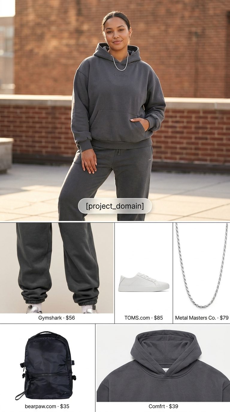 Cute summer tops outfit 2026: Charcoal grey hoodie set, sneakers, backpack for travel. Comfortable & chic athleisure.