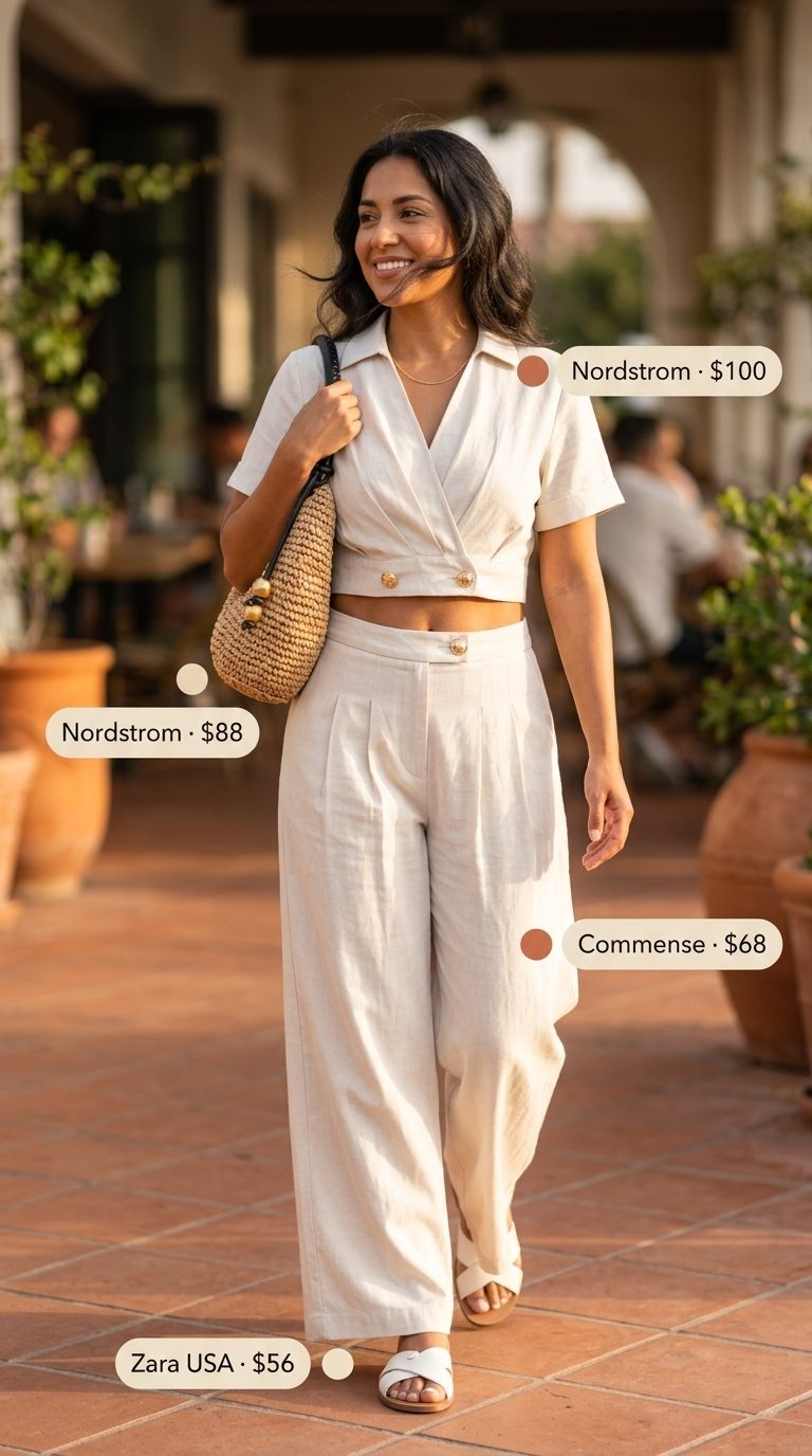 Cute summer tops outfit 2026: Beige linen set with wide-sleeve top and pants, perfect for brunch.