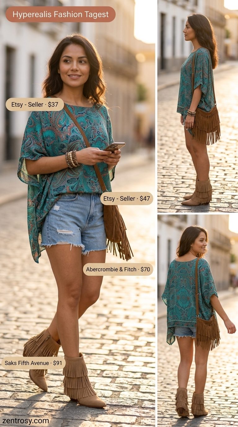 Cute summer tops outfit 2026: Boho paisley tunic top, denim shorts, fringe bag for festival vibes. Relaxed & free-spirited.