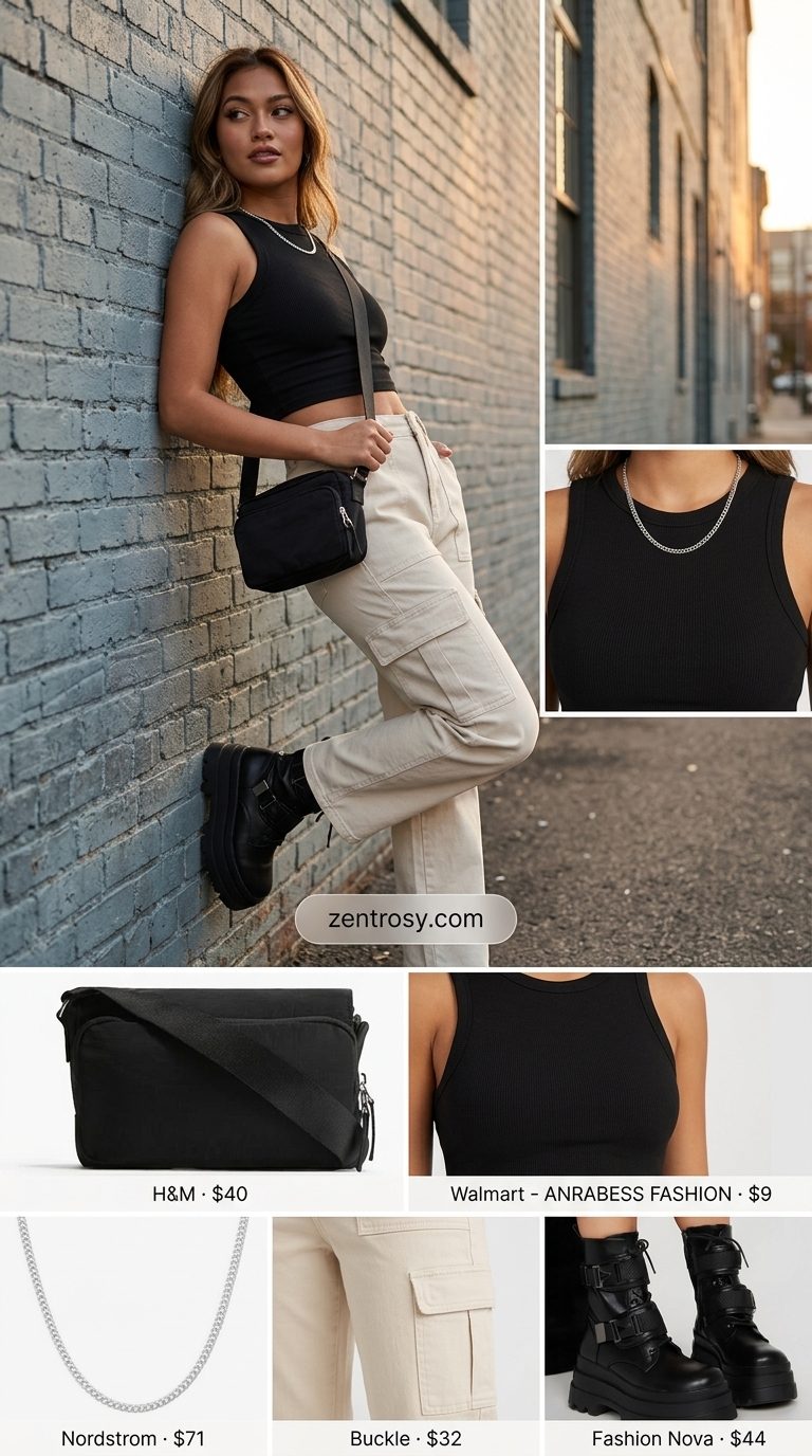Cute summer tops outfit 2026: Beige cargo pants with black crop top, combat boots, crossbody bag, and silver chain.