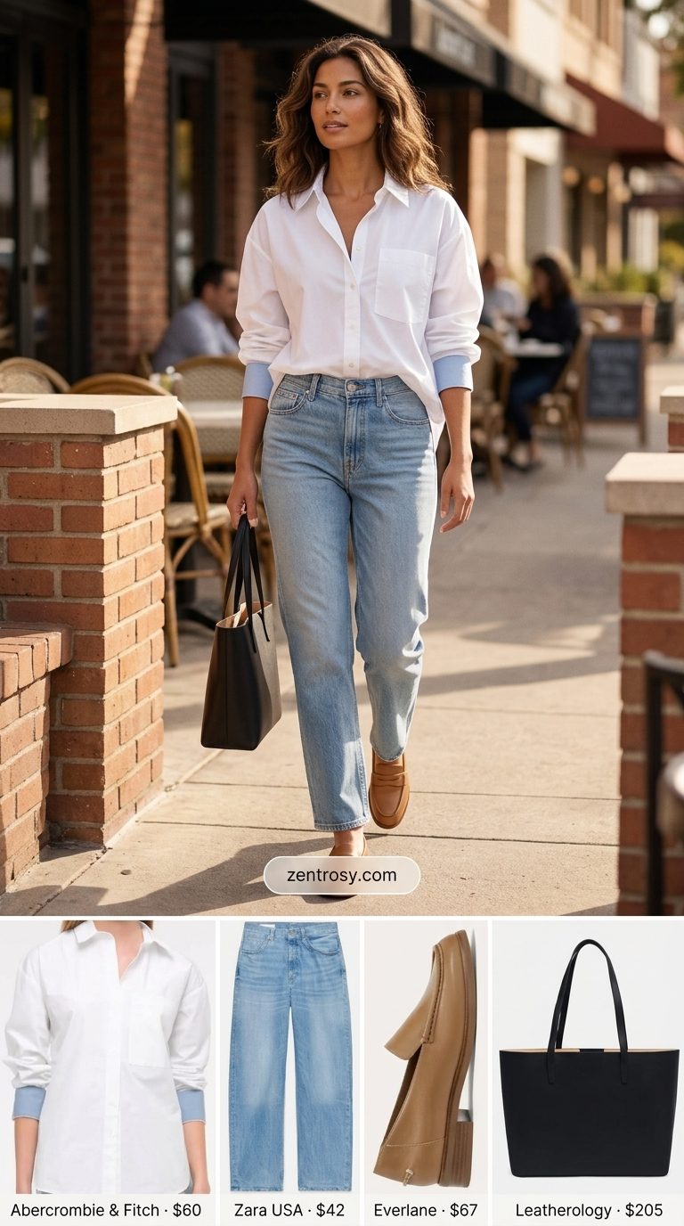 Cute summer tops outfit 2026: White button-down shirt, light wash jeans, loafers for chic smart casual. Effortless & polished.
