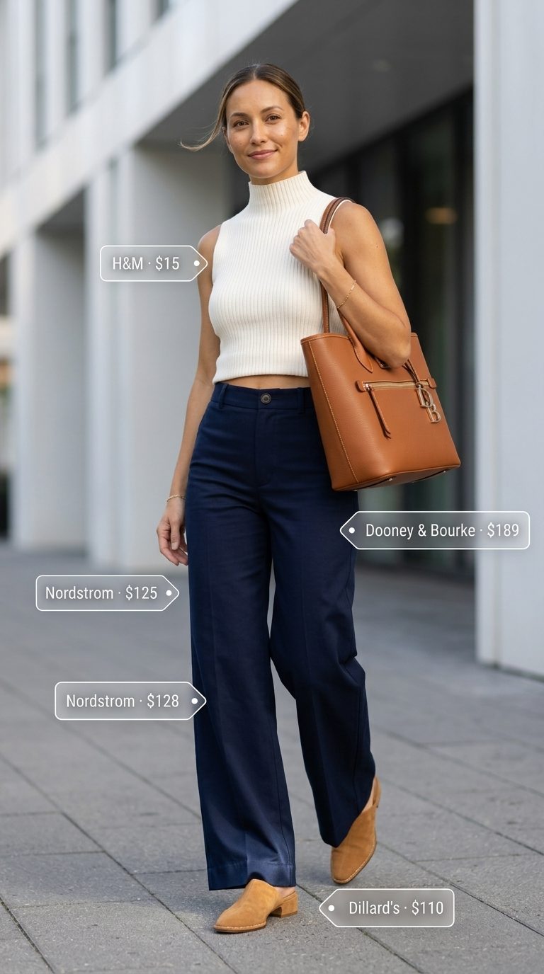 Cute summer tops outfit 2026: City chic look with navy wide-leg pants and cream turtleneck top.